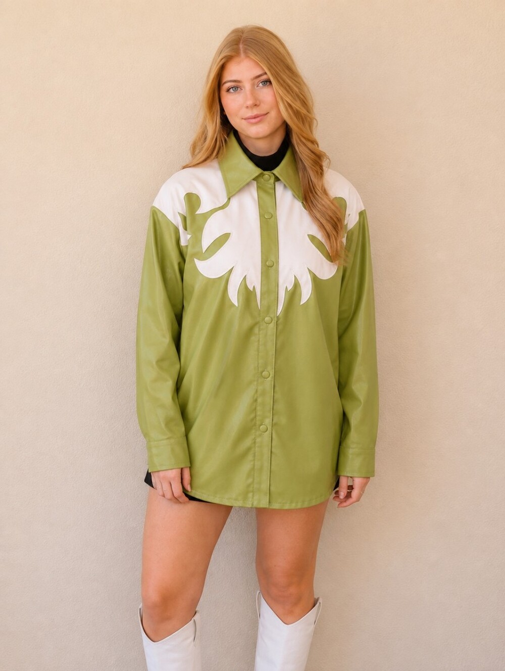 Bailey Rose Avocado Contrast Western Faux Leather Jacket Shacket NWT M